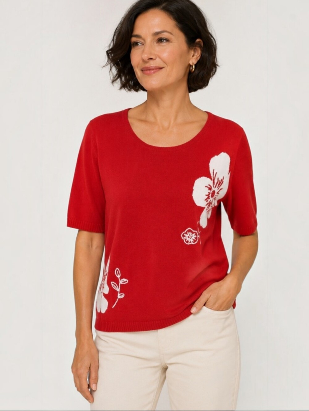 Vintag Napa Valley Red Knit Floral Detail Sweater Medium